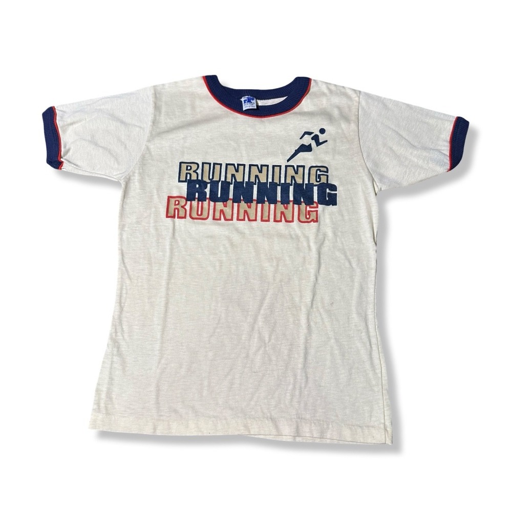 Rob Roy Ringer Tee Mens L Cream Excellent Vintage Running Graphic Sportswear 70s